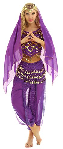 LiiYii Femme Robe Danse du Ventre Arabe Danse Performance Robe Princesse Indien Halloween Carnaval Costume de Danse du Ventre Violet Taille Unique