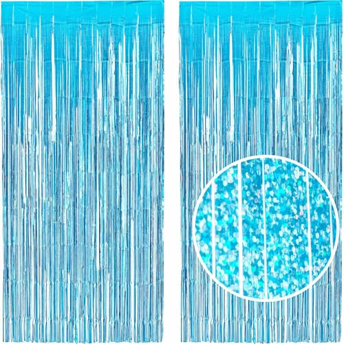 LUXURALS Lametta Vorhang Blau mit Glitzer, 2 Stück 1x2m, Party Vorhang oder Fotohintergrund für Partys Glitzervorhang Lametta Gold Folien Fransen Babyshowerparty Deko Babyparty Baby Shower Deko