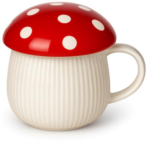 NiHome 12oz Mushroom Shaped Ceramic Mug with Lid – Cute Mug for Coffee, Tea, Hot Chocolate & More, Fun Mushroom Gifts, Dishwasher Safe, Colorful Beverage Holder & Desk Decor for Home or Office