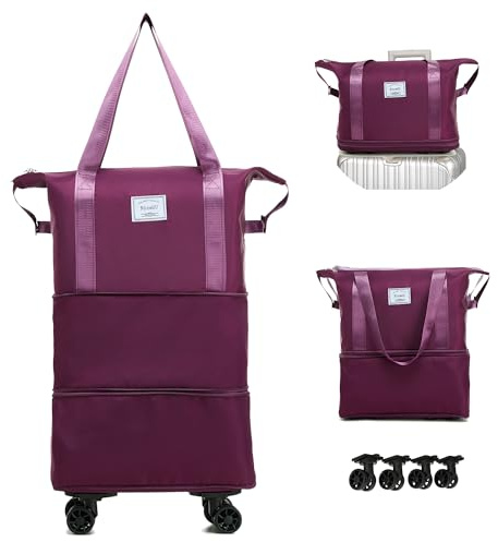 NiceUU Travel Rolling Duffel Bag with Removable Wheels,Expandable Foldable Carry-On Luggage for Trip Hospitalization,Duffle Bag for Travel, Sports,Shopping Fitness & Workout (purple)