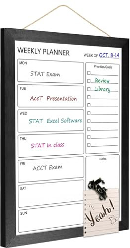Umtiti Weekly-2737BK - Lavagna bianca cancellabile a secco e calendario settimanale, 26,7 x 36,8 cm, lavagna magnetica da parete, in legno massello con cornice nera, lavagna per pianificare ufficio,