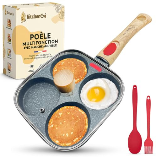 KitchenEvi Poêle à Pancakes Induction Antiadhésive – Manche Amovible, Couvercle en Verre, Spatules – Idéale pour Œufs, Crêpes, Blinis – 4 compartiments - Sans PFOA