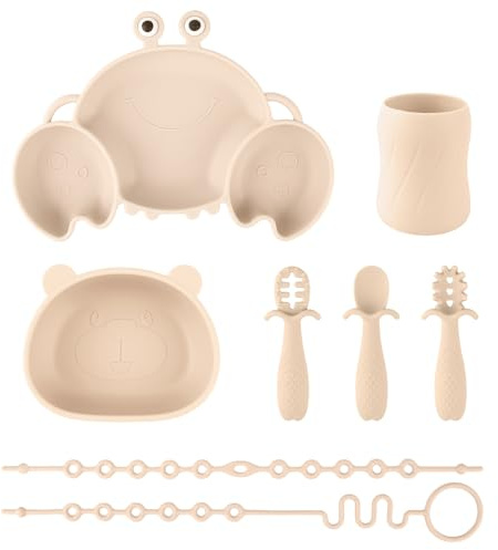 Juego de alimentación de silicona para bebés, 8 piezas de suministros de destete dirigido por el bebé que incluyen plato de succión para niños pequeños, cuenco, taza, 3 cucharas y 2 correas de