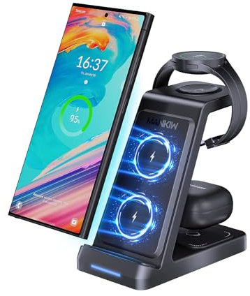 MANKIW Cargador Inalámbrico para Samsung,Estación de Carga Rápida,3 en 1 Base de Carga Inalámbrica para Samsung Galaxy S25 S24 S23 S22 Ultra Z Flip Fold 6/5/4/3Galaxy Watch 7/6/5/4/3Buds