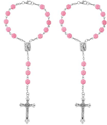 2 Pièces Chapelet Auto, Rose, Voiture Breloques, pour Femme Pendentif de Chapelet Personnalisé Accessoires de Suspension de Croix de Voiture pour Intérieur Rétroviseur Ornements Décoration