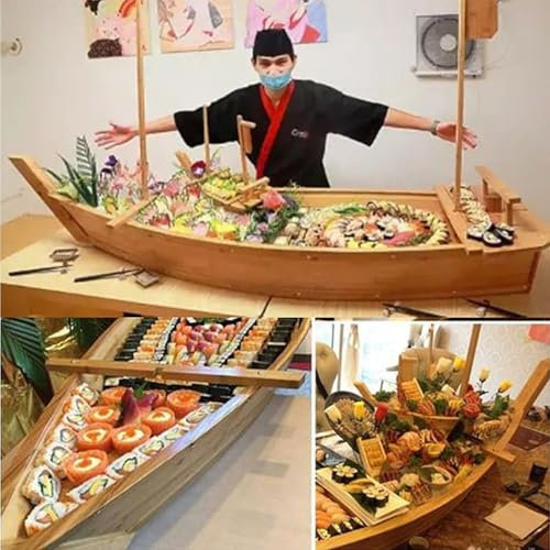 TUPOSTAR Barco De Bambú JaponéS para Sushi, Contenedor para SalmóN Y Marisco En Forma De Barco, Plato Grande para Servir Hielo Seco, para Restaurante O Plato Casero,A,L50×W19cm