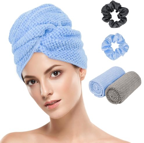 AOOWU - Toalla de microfibra grande, 2 turbantes gruesos absorbentes, 100 x 61 cm, toallas de secado super absorbentes con banda elástica, para cabello largo, grueso y rizado