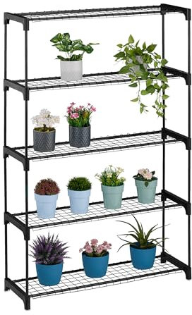 Relaxdays Scaffale Porta Piante a 5 Ripiani, Portapiante in Vaso, Fiori e Erbe, Mobile in Acciaio, 140x91x28 cm, Nero, Plastica