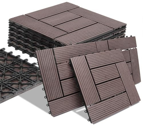 BAKAJI Set mit 11 WPC-Fliesen für Garten, Außenbereich, Terrasse, Balkon, Boden mit Wasserabfluss, Fliesenaufbau, witterungsbeständig, gezacktes Design (Taupe)