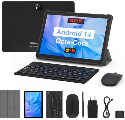 Tablet 10 Zoll mit Tastatur: Android 15 7000mAh Octa-Core 8GB+64GB 1TB TF Tablet PC - WiFi 6 2.4G/5G Bluetooth 5.0 1280 * 800 FHD Dual Kamera mit Maus, Typ C, Adapter, Hülle, OTG-Adapter, Stift