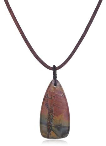 COAI Collar de Cuero para Hombre y Mujer, Collar con Colgante Gota Triangular de Jaspe Picasso Rojo Piedra Natural