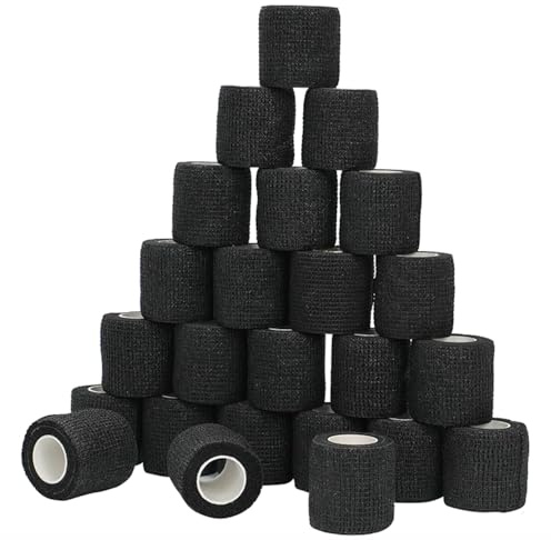RICKUNCL 24 Pcs Self Adhesive Bandage 5cm x 4.5m, Cohesive Bandages Wrap, Sports Bandage Ideal for Sports Injuries & Recovery, First Aid Medical and Vet Wrap, Grip Tape (24 Rolls Black)