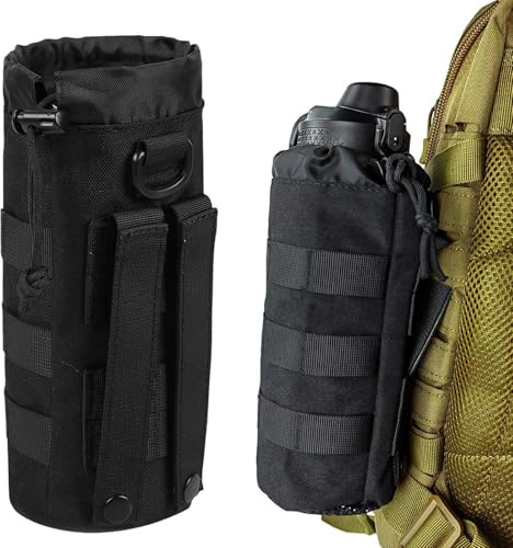 HhBdy Water Bottle Pouch, Molle Pouches Adjustable Bottle Holder Drawstring Closure Molle Pouch Waterproof for Outdoor Hiking Cycling Camping Running and Training (Black)