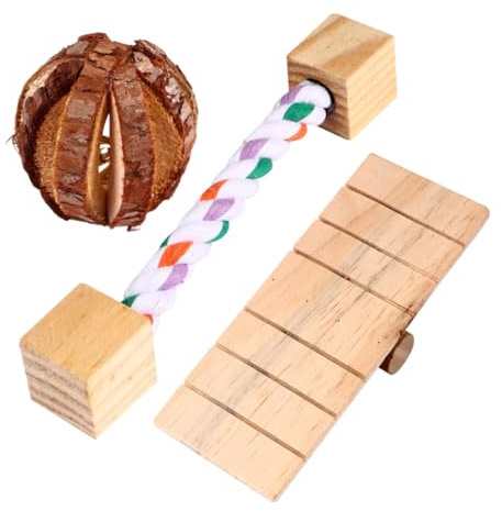 Toyvian 3 Pcs Small Wooden Pet Toys Set with Natural Bark Fruit Ball, Cotton Rope Block, and Teeter-totter for Hamster Chewing and Small Animal Play