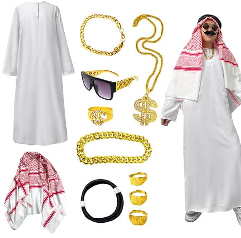 Liqzirtu Arabisk kostym för män - arabisk Sheikh komplett kit, traditionell huvudbonadsset, långärmad klänning | Karneval cosplay party karaktärskläder fin väv