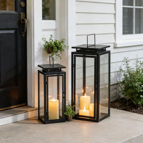 Staymoment Große Laterne für Draußen mit Abflussloch: 2er Set 42/55 cm xxl Gartenlaterne schwarz Windlicht outdoor als Gartendeko Balkon Haustür Deko Modern