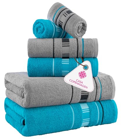 Casa Copenhagen X Lines Juego de Toallas 600 g/m² para hoteles, spas, cocinas y baños, Juego de 6 Piezas con 2 de baño, 2 Toallas de Mano y 2 toallitas faciales -Turquesa-Gris
