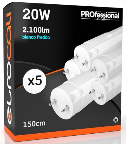 Eurocali 5x Tubi LED 150cm G13 T8 20W Professionale Garanzia 5 Anni 2100 lumen - Luce Bianco Freddo 6500K - Fascio Luminoso 160° - Sostituzione Neon