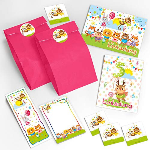 JuNa-Experten 6 Einladungskarten 5. Geburtstag Einladungen zum fünften Geburtstag für Mädchen Reh incl. 6 Umschläge, 6 Tüten/rosa, 6 Aufkleber, 6 Lesezeichen, 6 Blöcke