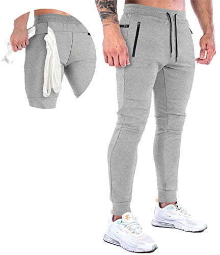 MakingDa Tracksuit Bottoms Men Slim Fit Gym Joggers Training Pants Tapered Skinny Cuffed Sweatpants Jogging Activewear Trousers Elastic Waist Drawstring Zip Pockets-Grey-XL