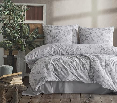 ZIRVEHOME Bettwäsche 240x220 cm. 3 teilig Set grau 100% Baumwolle/Renforcé verdeckter reißverschluss atmungsaktiver bettbezug geblümt Kissenbezug 80x80 Messina