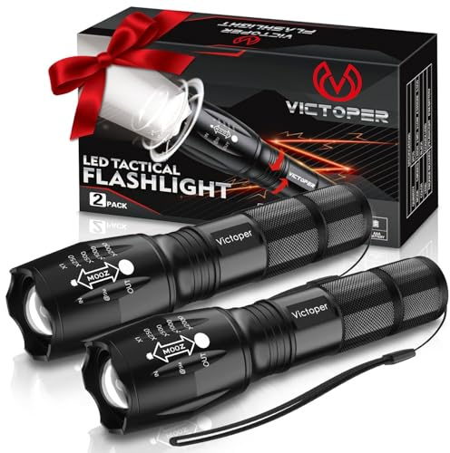 Victoper LED Flashlight 2 Pack, Bright Tactical Torch High Lumens with 5 Modes, Waterproof Zoomable Flash Light, Valentine's Day Gifts for Men, Hunting Camping Essentials Gear