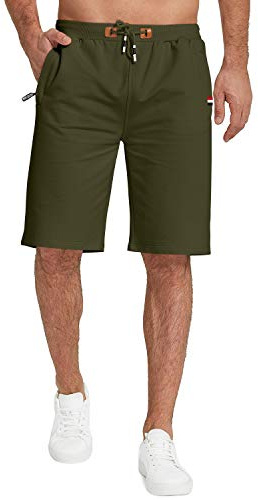 KUYIGO herrshorts sommar, casual dragsko, ljus sport shorts dragkedja, fickor, stretch bomullsshorts,Storlek S-3XL, Armégrön, XL