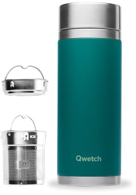 Qwetch - Théière Infusion Isotherme - Matt Vert Emeraude 400ml - Bouteille infuseur Nomade Inox - 5h Chaud et 7h Froid Sans BPA, Étanche & Reutilisable - Idéale pour Thé, Café, Fruit, Tisane