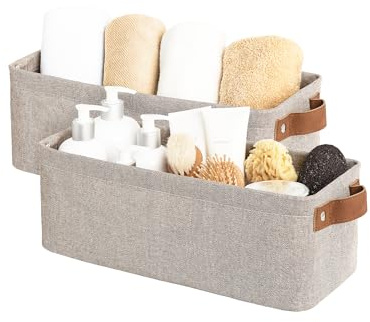 StorageWorks Scatole di archiviazione strette, cesti lunghi per organizzare l'armadio, scatole sottili e struttura metallica, contenitori decorativi per mensole in bagno, marrone, confezione da 2