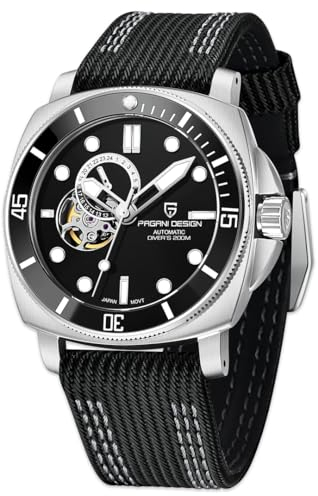 Pagani Design 1736 Automatik Tourbillon Mechanische Uhr Japan NH39 Saphirglas Lederband 200 Meter Taucheruhr Sport Herrenuhren（schwarz）