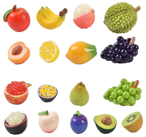 Redvigh Mini frutas mixtas, 17 unidades, frutas artificiales en miniatura, figuras de frutas de resina, modelos de frutas para mini escena de cocina, decoración de exhibición de casa