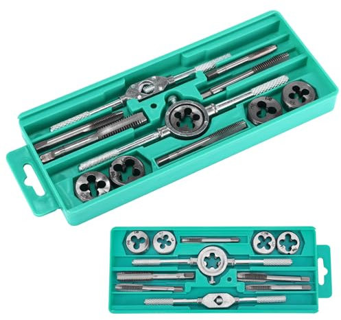 12 Teilig Gewindeschneidsatz Metrisch Profi Gewindeschneider Gewindebohrer Set mit Schraubenschlüssel Schneideisen Kohlenstoffstahl Handgewindebohrer für Innengewinde Außengewinde