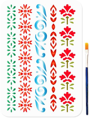 MAYJOYDIY 5 Pochoir de Peinture à Motif de Bordure de Style Floral de Fleurs Ligne de Séparation 29.7x21cm Pochoirs en Plastique Réutilisables avec Pinceau pour Mur en Bois Fenêtre Bricolage