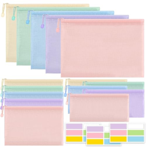 15 Pezzi Borse di File Mesh A4/A5/A6, Busta Porta Documenti con Cerniera, Buste Plastica Zip, Sacchetto di Zip Impermeabile, Buste a Rete Organizzatrici Documenti con Zip, per Ricevute, Documenti