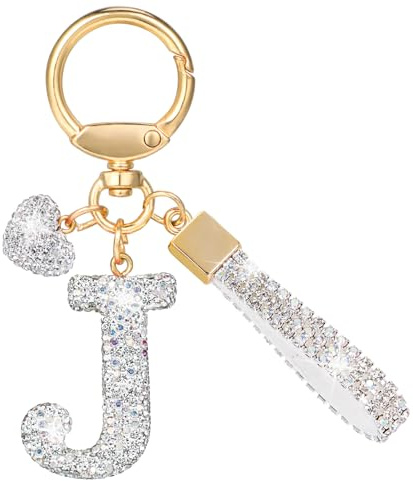 MWOOT Paillettes Porte Clé Lettre avec Strass, Argenté Initial Porte Clé Keychain, Porte Clef Lettre Sac Keyring Pendentif Décoratif, Brillant Porte Clef Voiture Charm, Porte Clé Cadeau pour Femme(J)