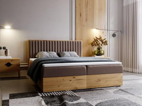 GRAINGOLD Forest Lit 160x200, Boxspring avec Coffre de Rangement, Rembourré avec Matelas à Ressorts Bonell, Lit Double, Tissu en Velours, avec Surmatelas, avec Tête de Lit (Marron, 160x200)