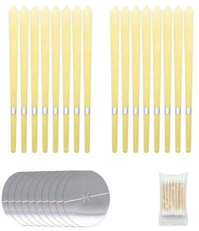 BORISCA 50 Pezzi Set di Candele Orecchie Cerume, Beige 20 Pz Coni Orecchie Cerume con 10 Dischi Protettivi e 20 Tampone di Cotone, Candele per Orecchie Detergenti Naturali in Cera di Stoffa