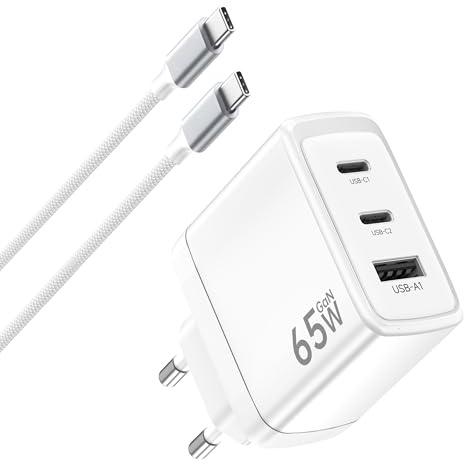 USB C laddare 65W, 3portars PD och QC USB C snabbladdning med 2m flätad kabel,GaN II USBC nätadapter, kompatibel med MacB00k Pro/Air, för Galaxy S25/S24/S23