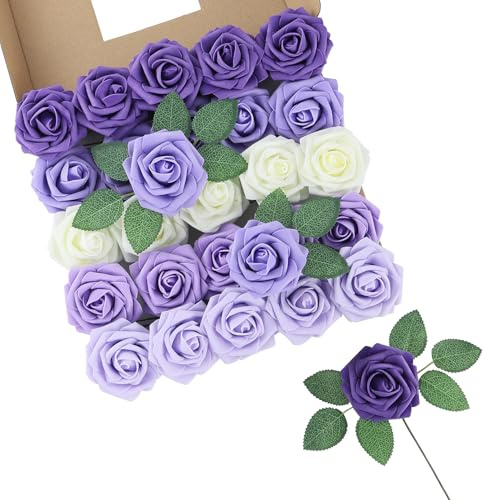 LEUCHTAMOR 25 rose artificiali viola, rose finte in schiuma realistica al tatto, per bouquet da sposa, centrotavola, composizione floreale, decorazione per la casa