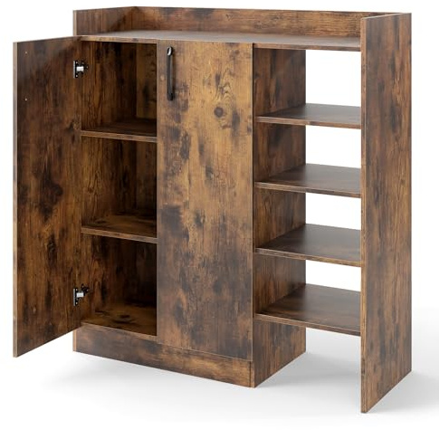 COSTWAY Zapatero de 2 Puertas y 5 Compartimentos Abiertos, Zapatero Entrada Recibidor con Estantes Ajustables en 3 Posiciones, Mueble para Zapatos, 83 x 31,5 x 91 cm (café)