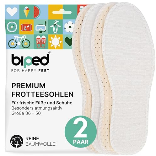 biped Lot de 2 paires de semelles pieds nus - Semelles en tissu éponge 100 % coton et rembourrage en latex doux - Semelles de chaussures contre les odeurs et les bactéries z1016 (41)