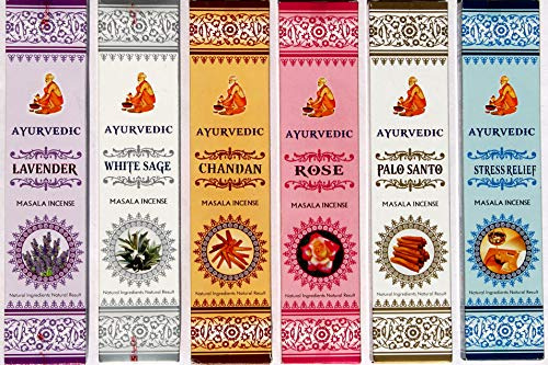 Ayurvedic Lot de 6 bâtons d'encens Masala : Palo Santo, sauge blanche, rose, lavande, chandan (bois de santal), soulagement du stress | encens naturel | 15 bâtons dans chaque paquet