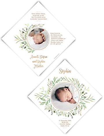 50 x Geburtskarten Babykarten Geburt Karten individuell mit Foto - Blätterkranz