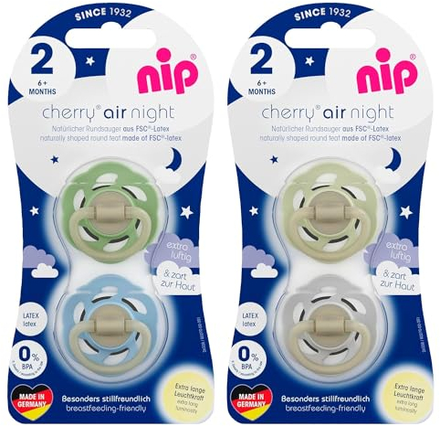 NIP Cherry Rundsauger Schnuller NIGHT Gr.2, ab 6+ Monate, Black night & Milky White, leuchtet im Dunkeln