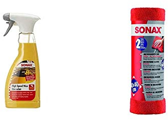 SONAX HighSpeedWax (500 ml) blitzschnelle, hochwirksame Reinigungs- und Konservierungsemulsion für jeden Lacktyp & MicrofaserTücher Außen - der Lackpflegeprofi (2 Stück) hochwertig und flauschig