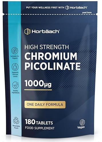 Chromium Picolinate 1000mcg | High Strength Chromium Supplement | 180 Vegan Tablets - 6 Months Supply | by Horbaach