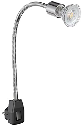 ledscom.de Steckdosenlampe LESCH Leselampe Schwanenhals, Schalter, chrom/schwarz + LED Lampe 510lm 45° warm-weiß