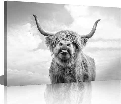 Black and White Highland Yak Canvas Printing Retro Cow Wall Art Home Artwork Print for Bathroom Bedroom Office Fireplace Kitchen Dining Room Decorate 24x36inch (60x90cm)