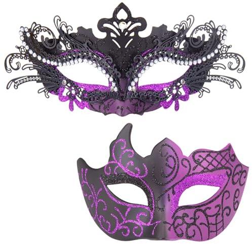 MYSEUNI Purple Masquerade Mask Couples Set - Venetian Mask Women & Mens Venetian Mask for Mardi Gras,Mascarade Ball Prom, Halloween Party Carnivals