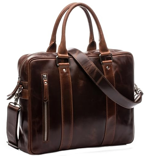 SID & VAIN stor laptopväska äkta läder – 15,4 tum laptop business-väska Stoked – axelväska portfölj med axelrem – läderväska män och kvinnor brun handgjord, Brun-cognac, L